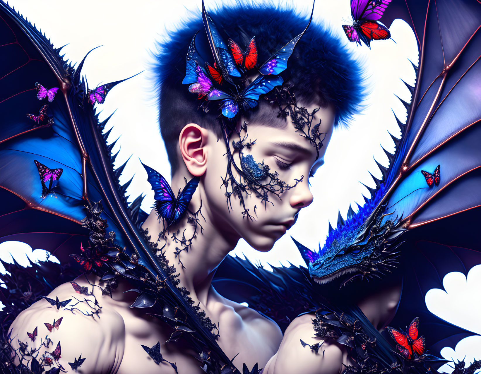 Fantastical image: Person with blue spiky hair, butterfly adornments, dragon-like wings