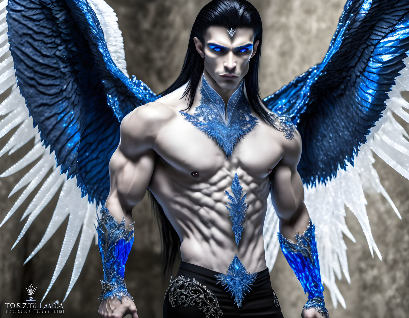 Blue-skinned muscular male figure with dramatic wings and intricate arm and waist embellishments.
