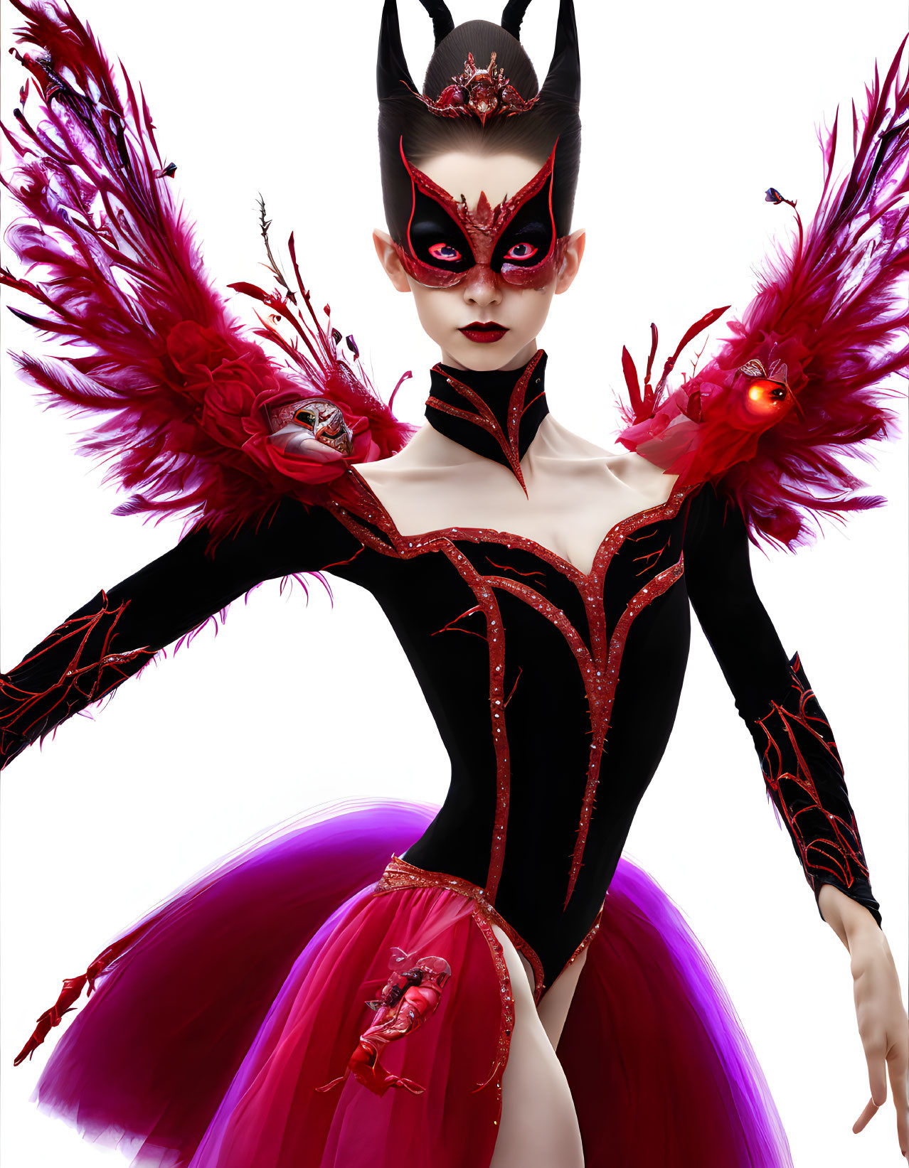 Ornate dark costume with red feathers and magenta tutu on demonic figure