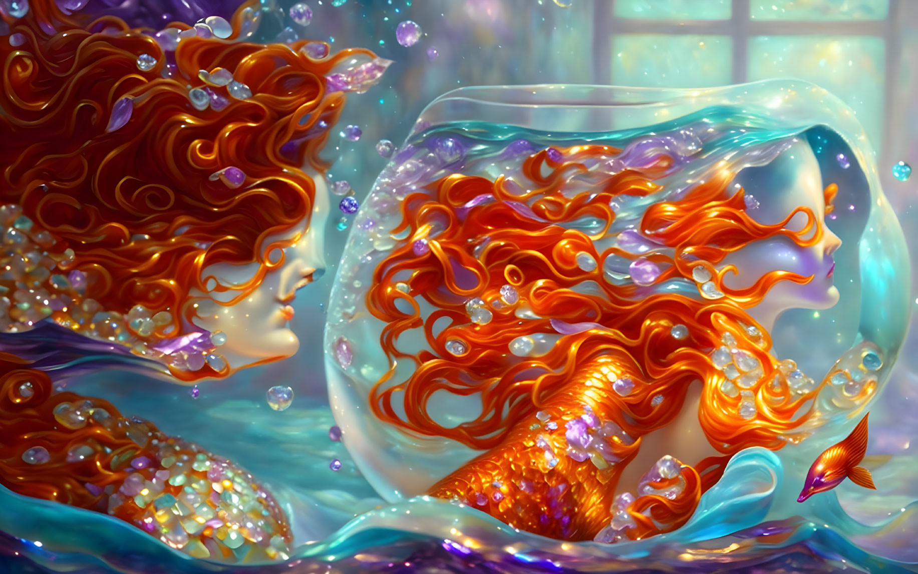 Colorful Mermaid Artwork in Glass with Orange Hair and Fish in Blue Background