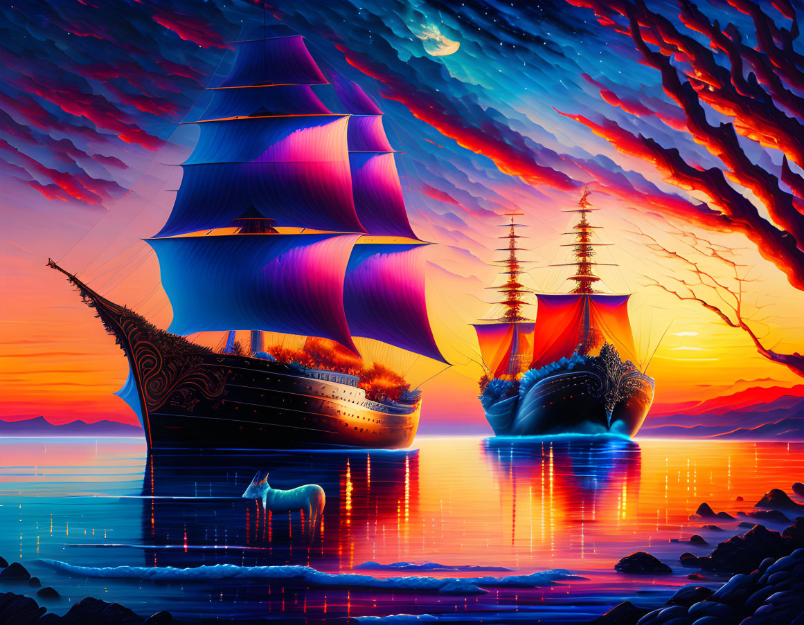 Digital Art: Majestic sailing ships on calm sea at sunset with colorful skies and lone white horse