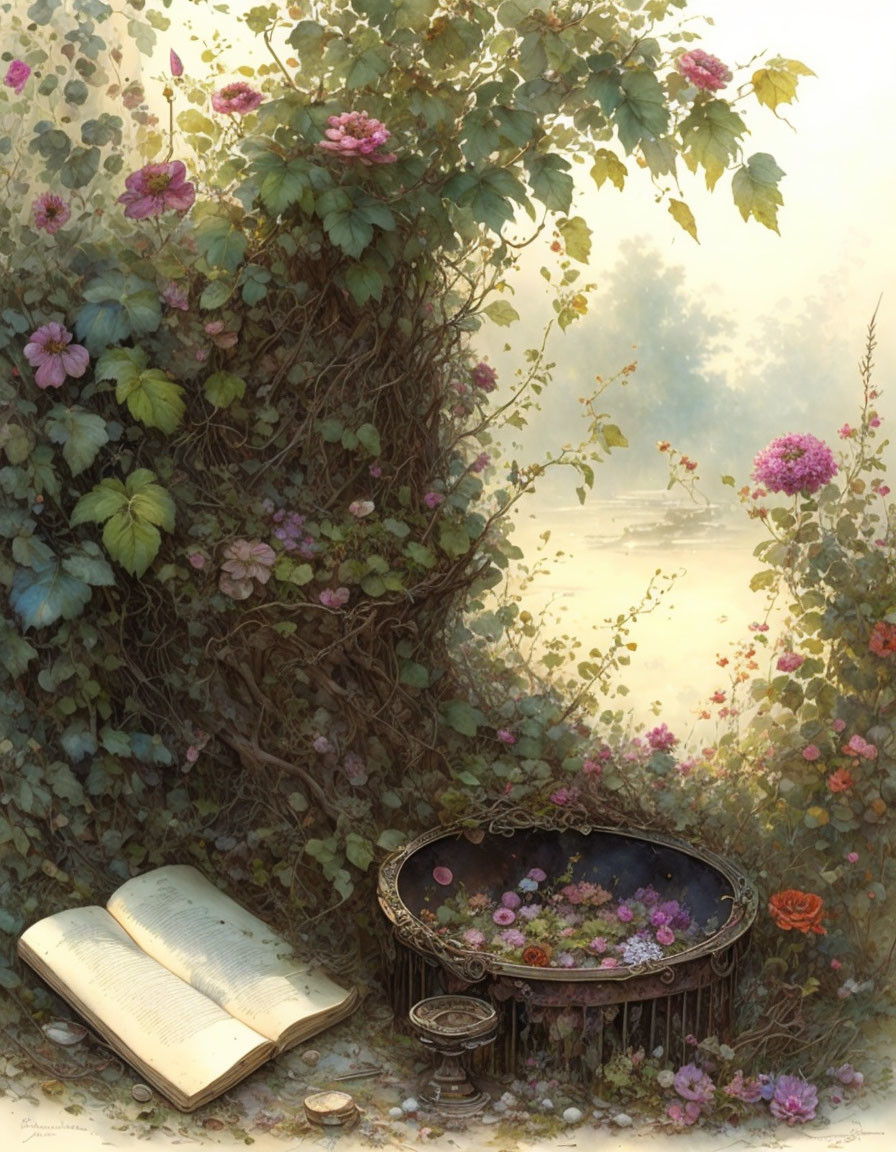 Tranquil nature setting with open book, bird's nest, inkpot, and roses