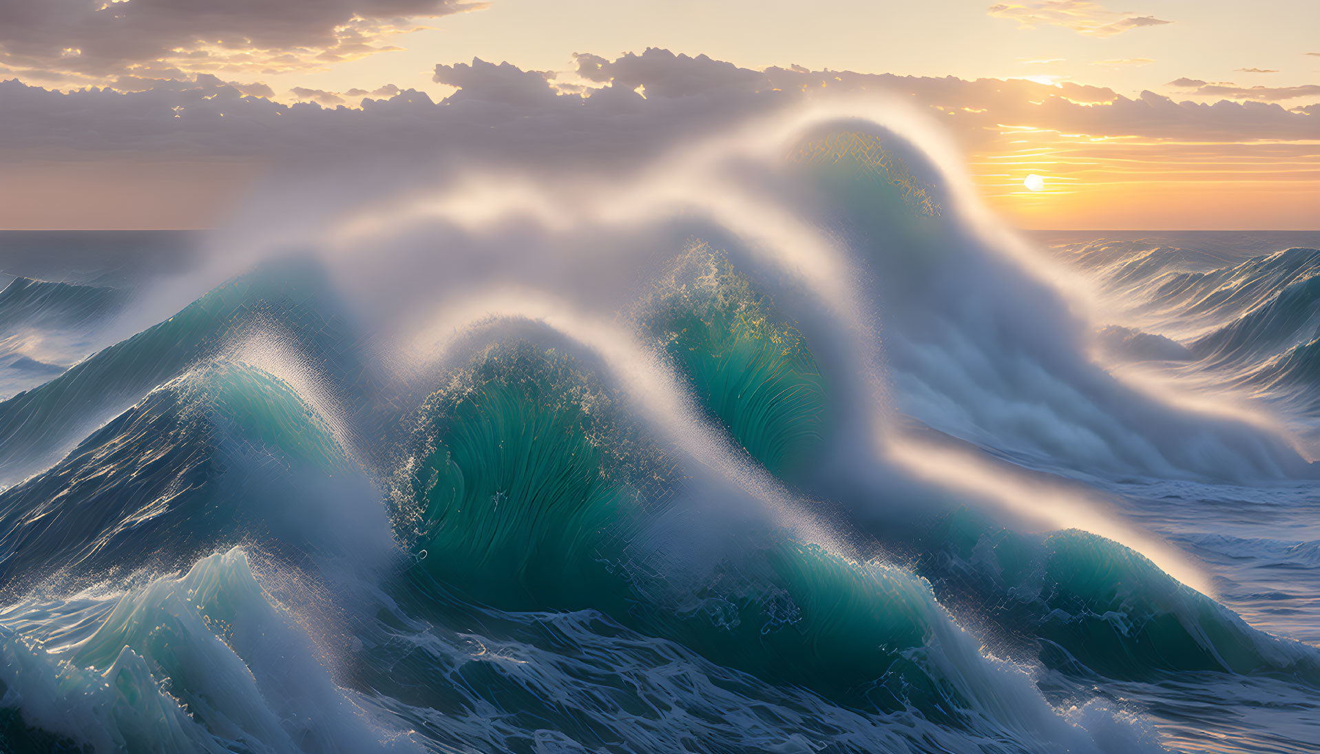 Majestic ocean waves at sunrise: Power and beauty showcased