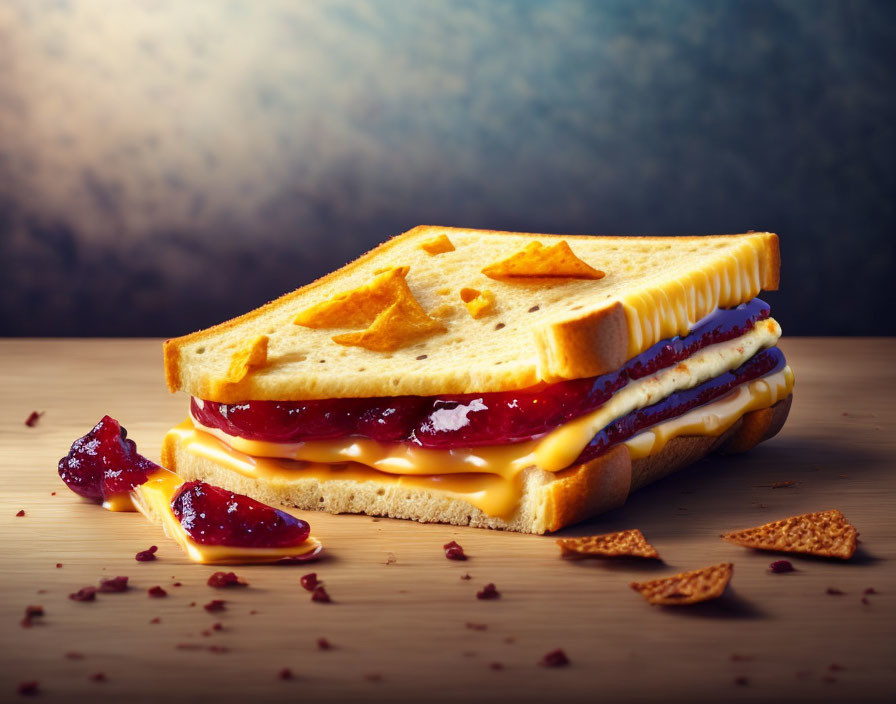 Cheese and Jelly Sandwich with Chips on Wooden Surface