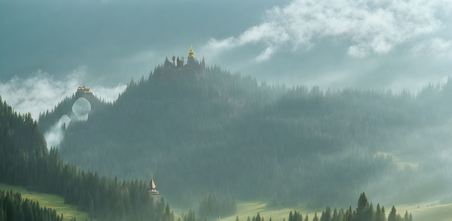 Misty mountain landscape with golden-domed structures peeking above forested hills