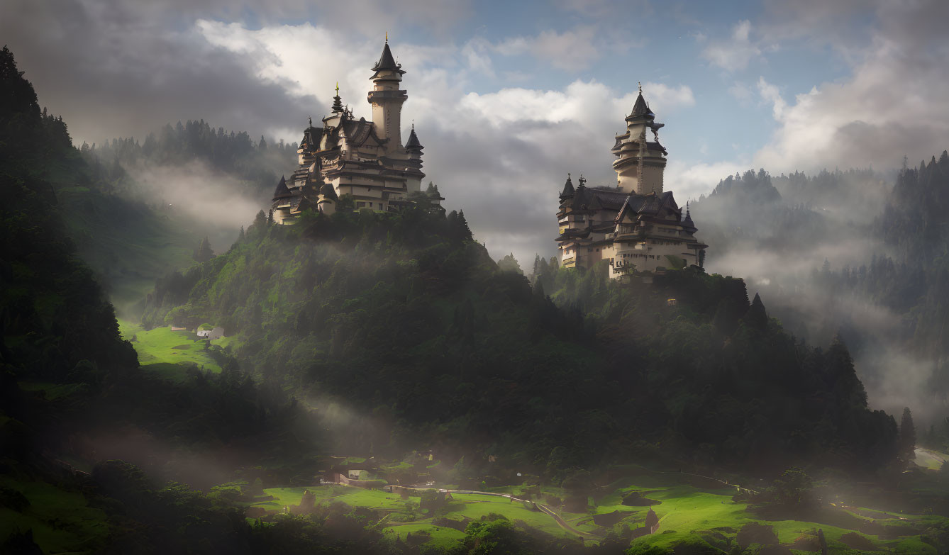 Oriental temples in lush green hills under soft-lit sky