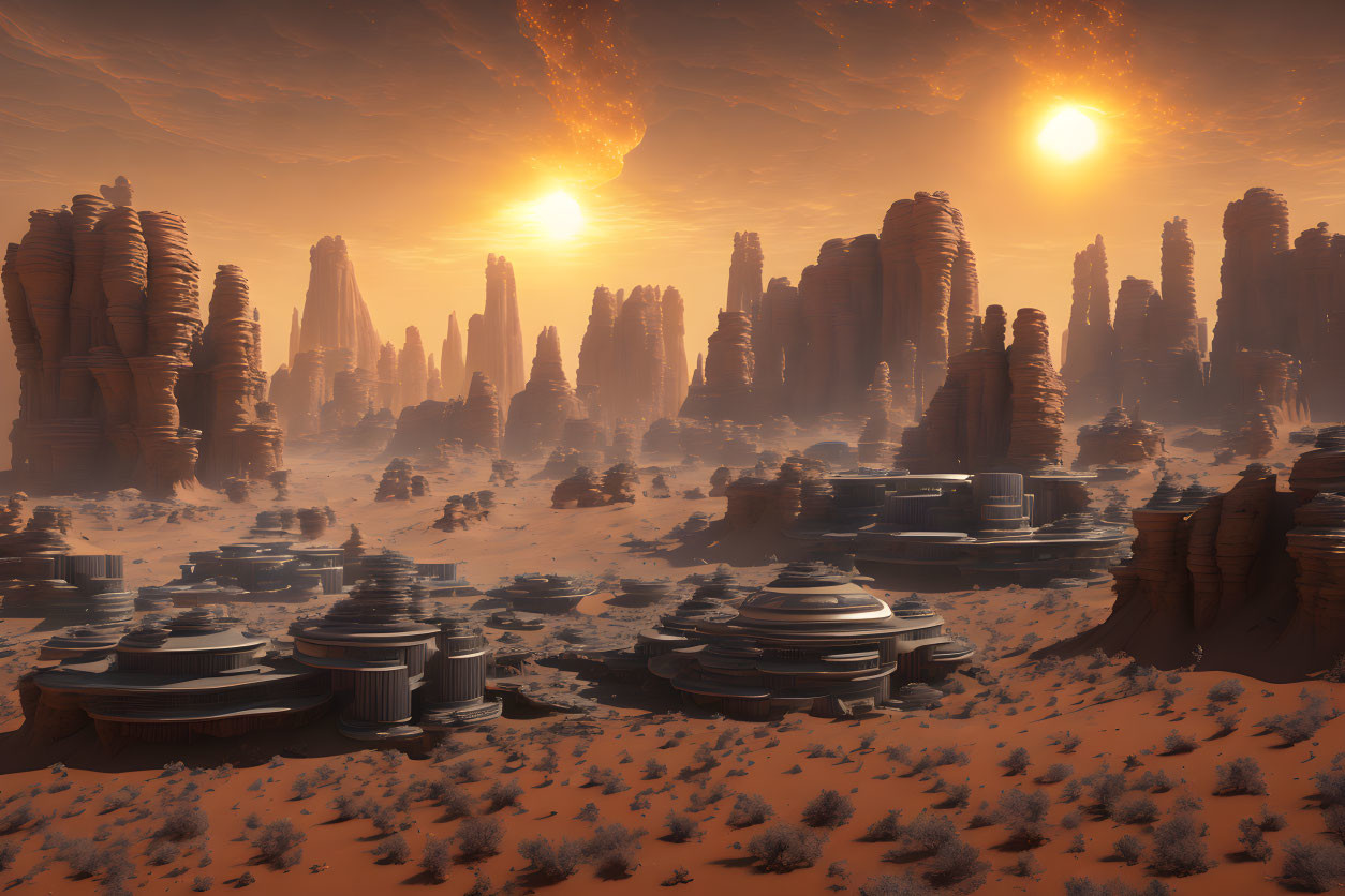 Sunset over desert with futuristic buildings and rock formations