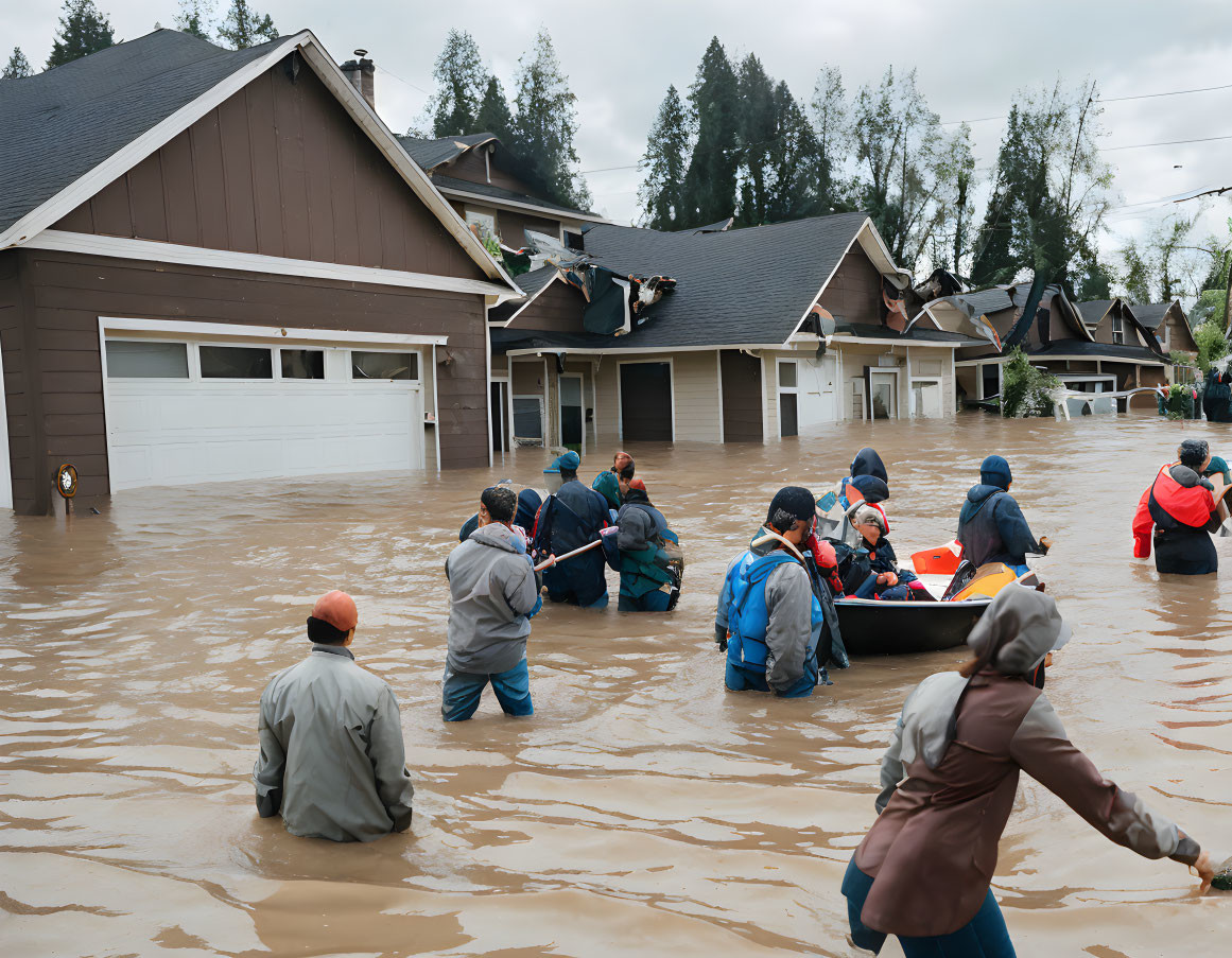 Flooded neighborhood with people wading and boat under overcast sky