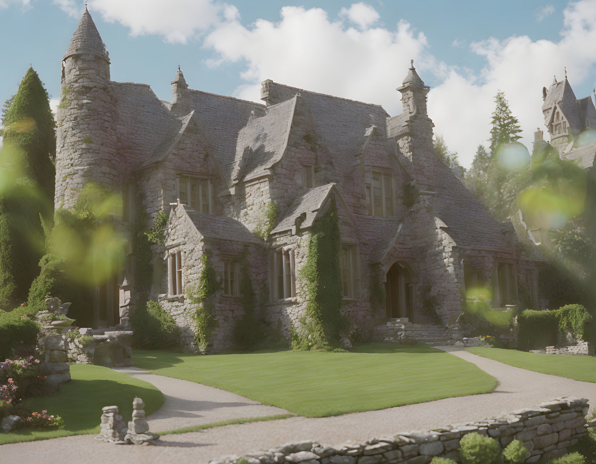 Stone mansion with turrets in lush green setting