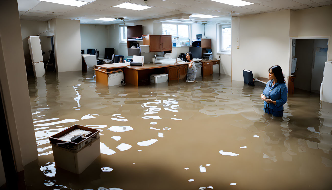 Flooded office space with scattered furniture and concerned individuals