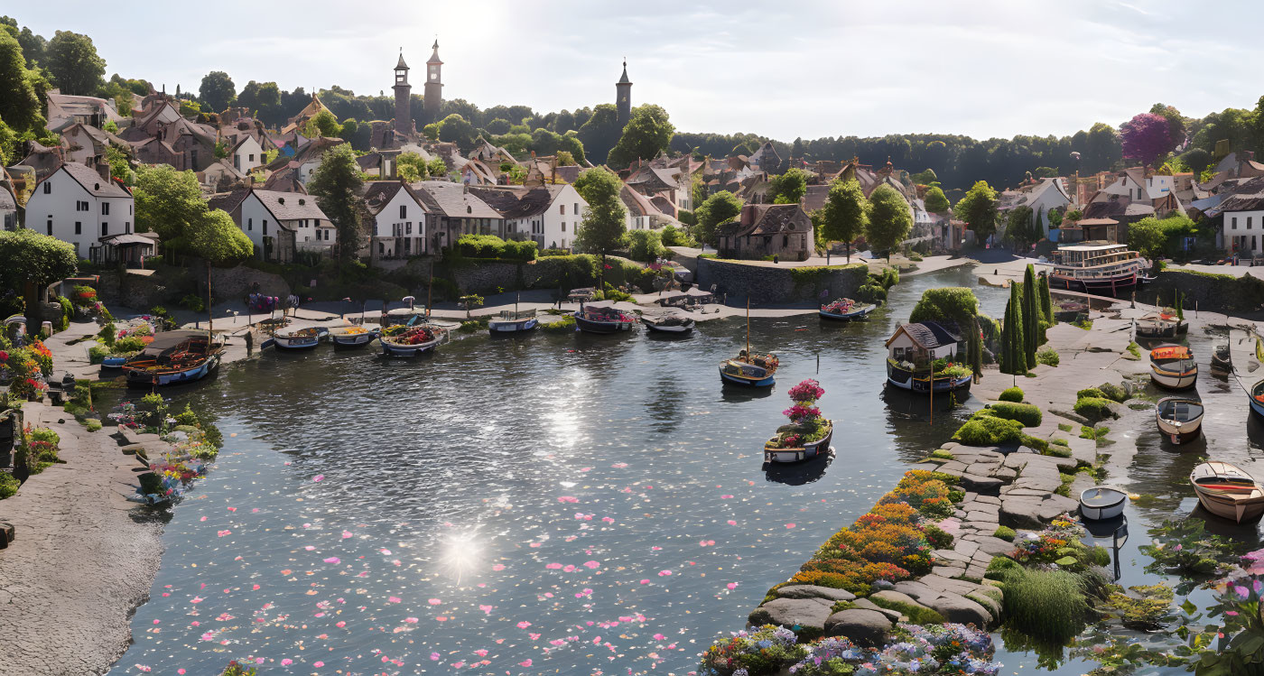 Picturesque riverside village with moored boats, blooming flowers, and historic architecture