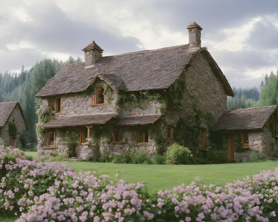 Stone cottage with ivy, pink flowers, and trees in serene setting