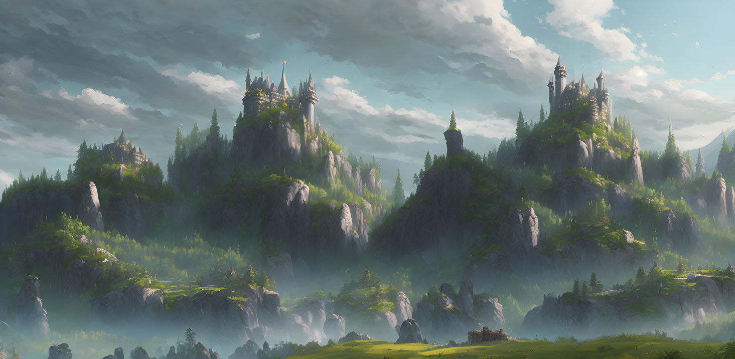 Fantasy landscape with towering castles on green cliffs