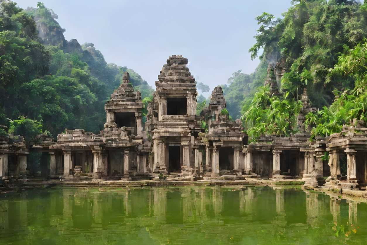 Ancient temple ruins in lush greenery near water