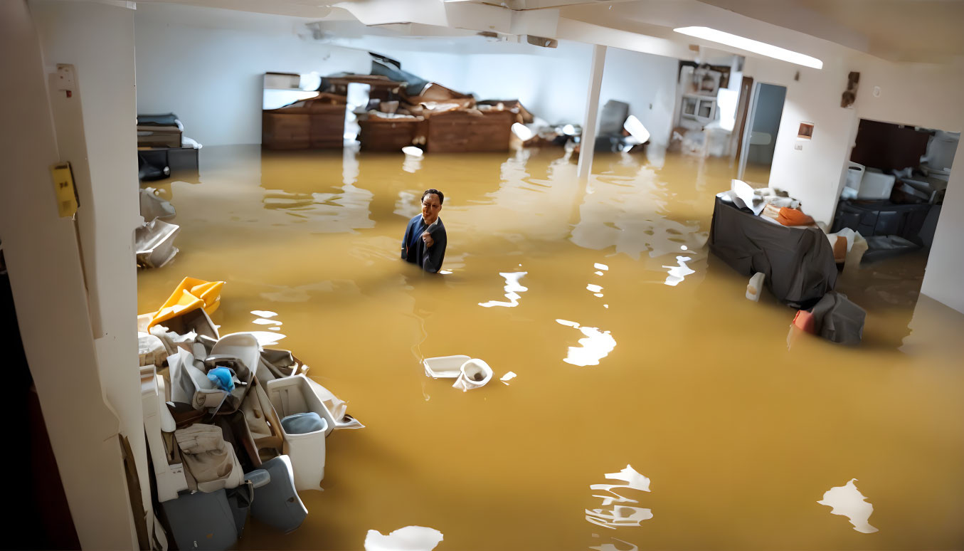 Person in chest-high flooded indoor space with floating objects