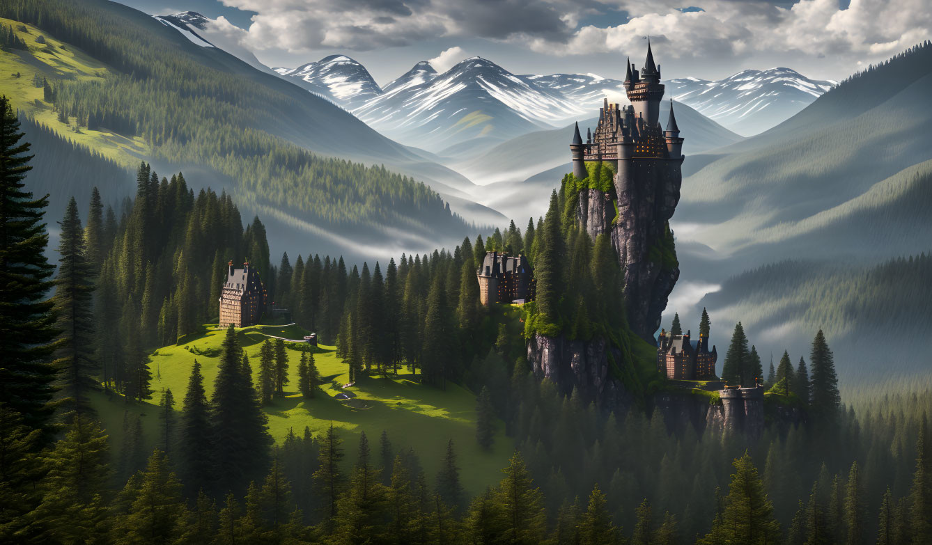 Majestic castles on cliffs in fantasy landscape