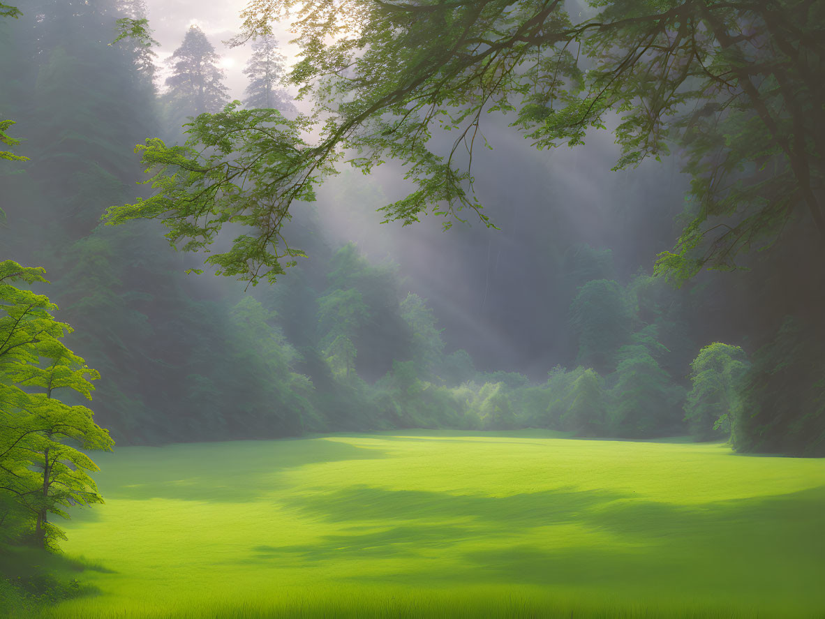 Tranquil forest glade with soft sunlight and lush greenery