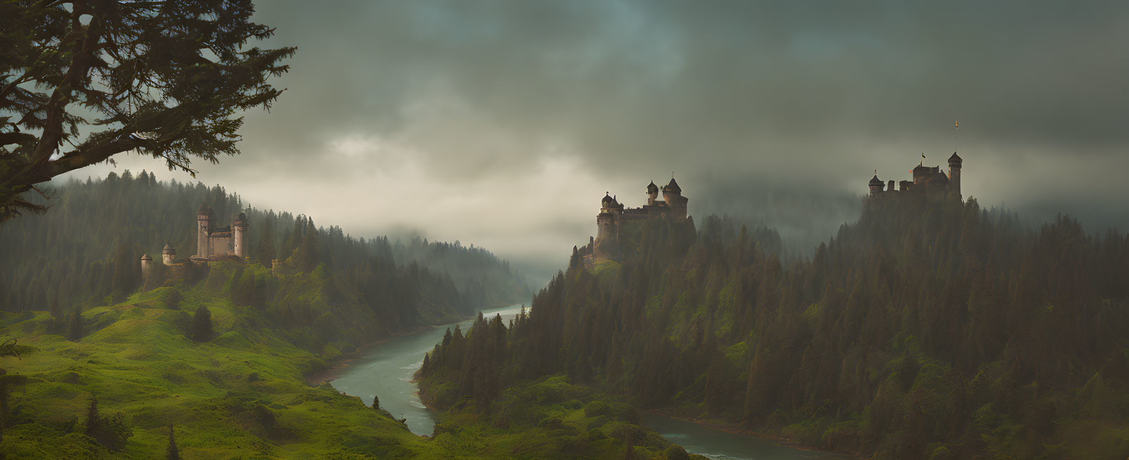 Mystical landscape: castle on hill, dense forests, river, gloomy sky