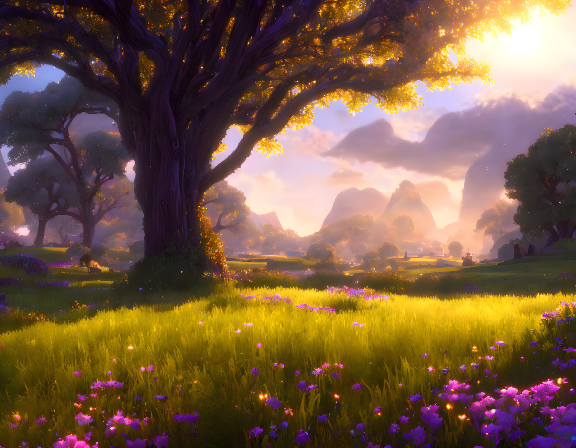 Fantasy landscape with grand tree, purple flowers, and mountains at sunset