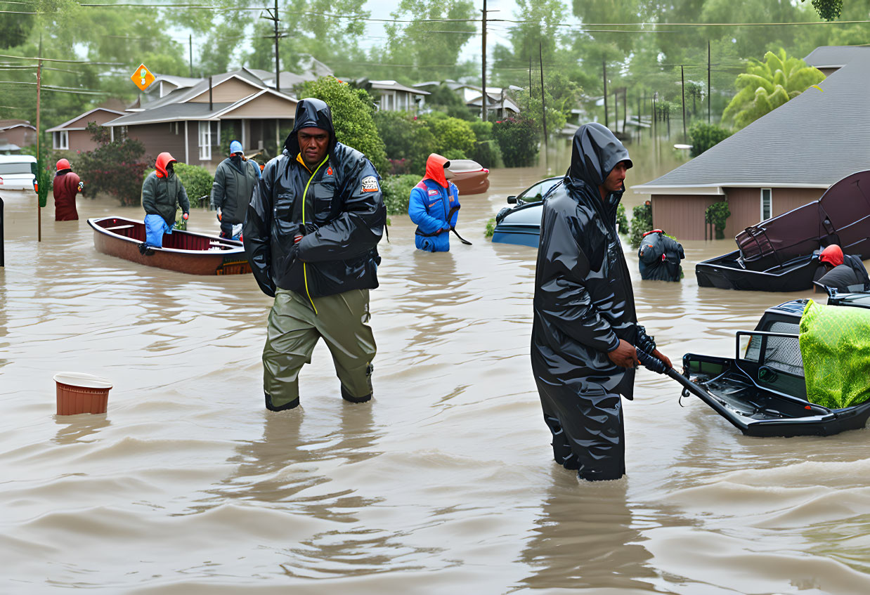 Flooded suburban area with people in rain gear and boats