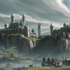 Fantasy landscape with towering castles on green cliffs