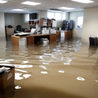 Flooded office space with scattered furniture and concerned individuals