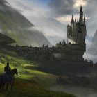 Majestic castles on cliffs in fantasy landscape