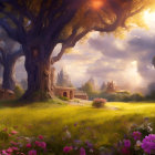 Fantasy landscape with grand tree, purple flowers, and mountains at sunset