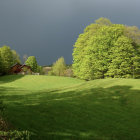 Scenic meadow with wildflowers, brook, moss-covered cottages, forested hills