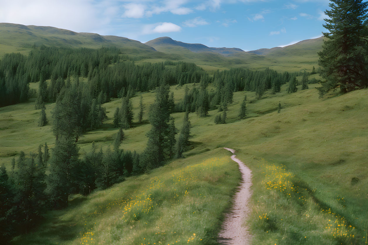 Tranquil landscape: dirt path, green hills, trees, wildflowers