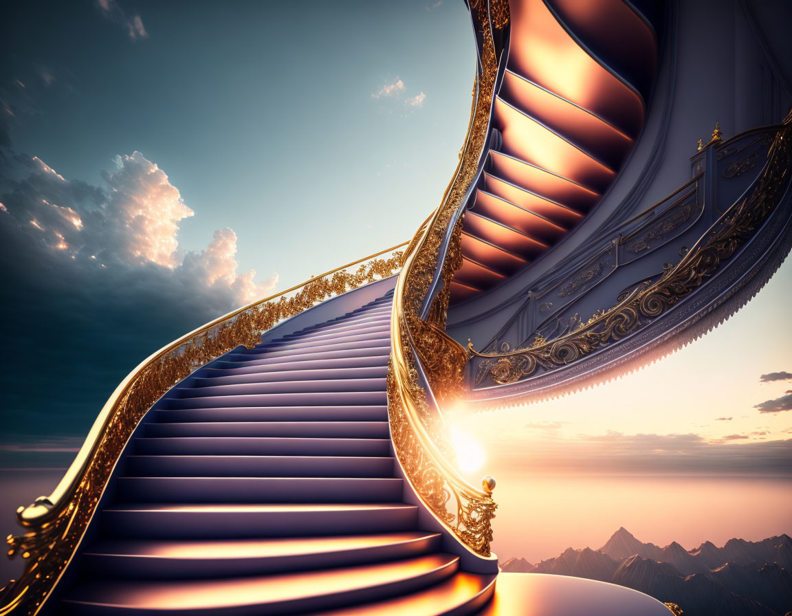 Golden Spiral Staircase Ascending to Surreal Sky and Mountain Peaks