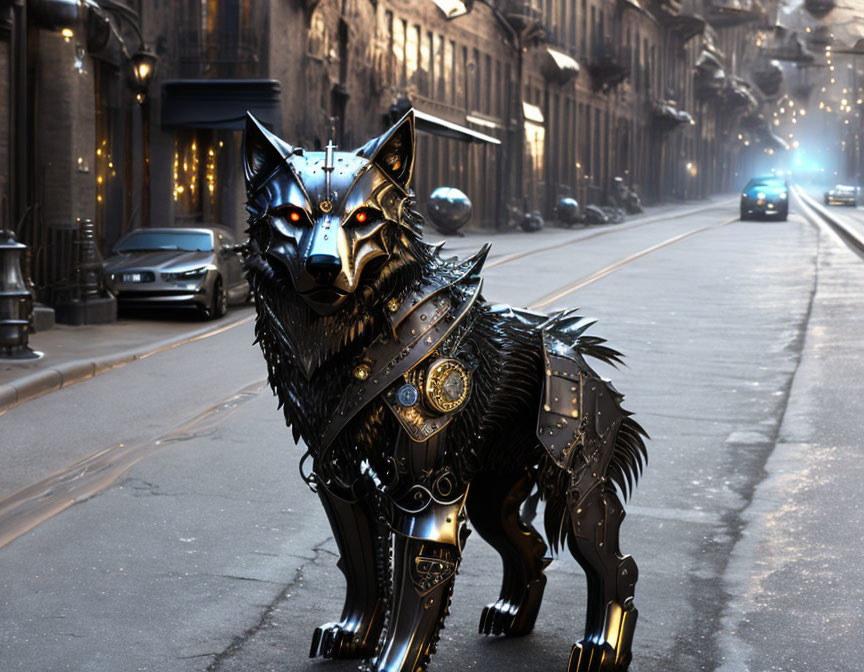 Intricate Robotic Wolf Sculpture on City Street