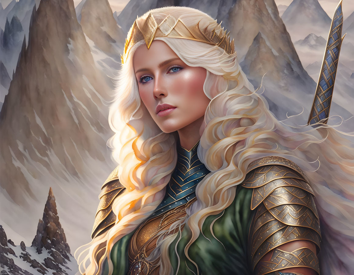 Blonde Elf with Gold Crown and Armor in Mountainous Scene