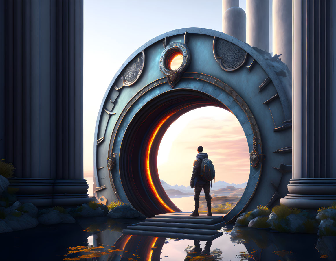 Person gazes into fiery vortex at ornate circular portal