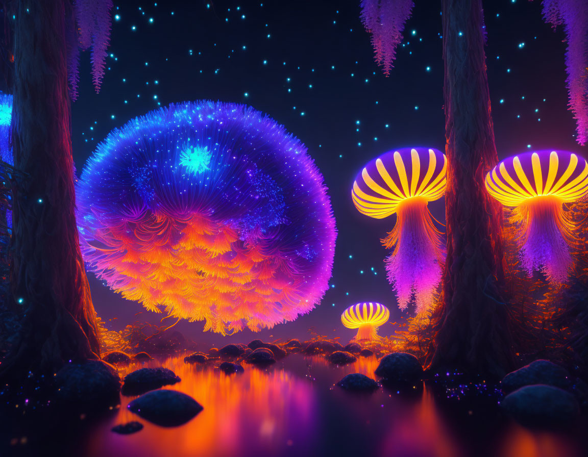 Fantasy forest scene with bioluminescent trees under starry sky