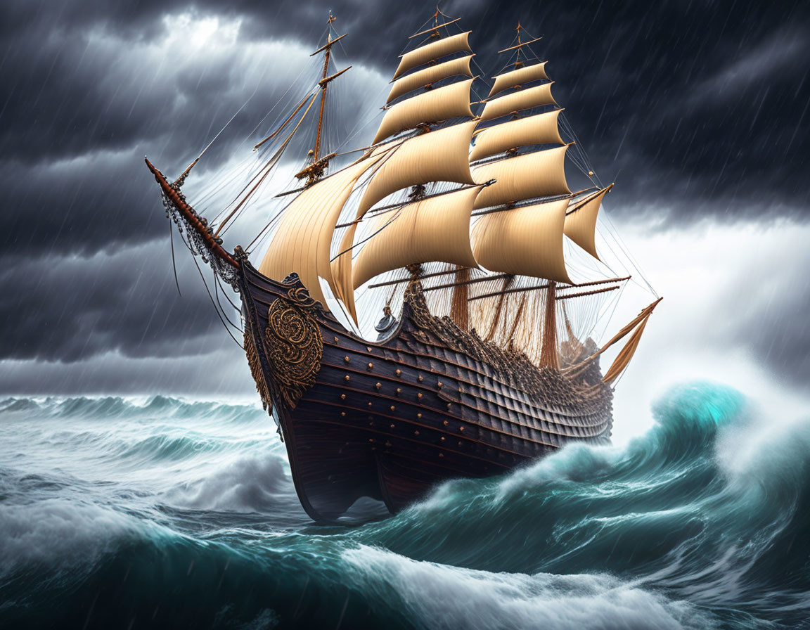 Sailing ship with billowing sails in stormy seas