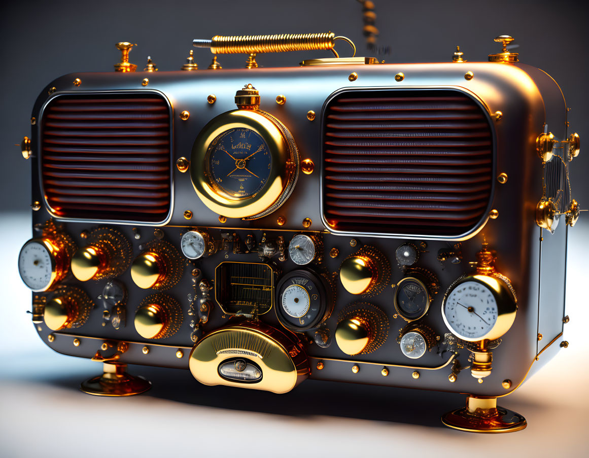 Steampunk-Inspired Radio with Gold Details and Vintage Speaker Grills