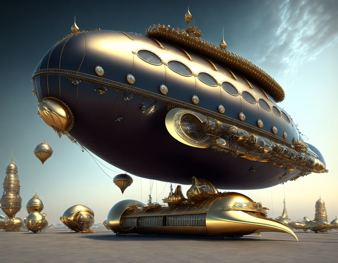 Steampunk-style airship with golden embellishments in desert landscape