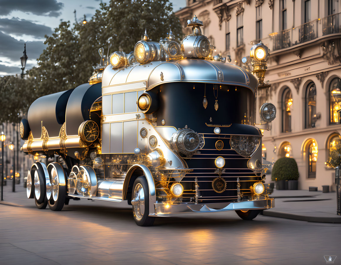 Stylized vintage truck with chrome details parked on city street at dusk