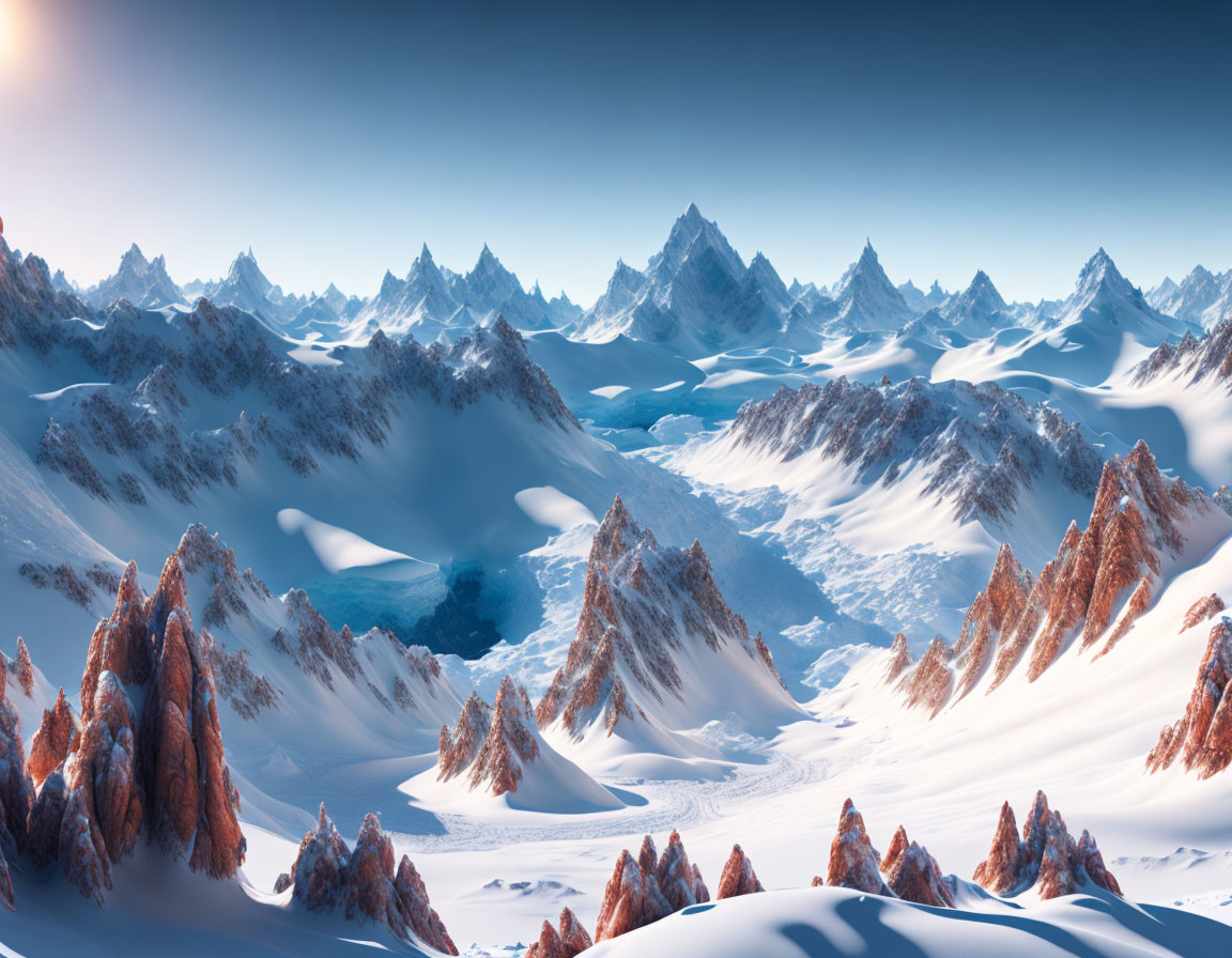 Snowy Mountain Range Landscape Under Clear Blue Sky