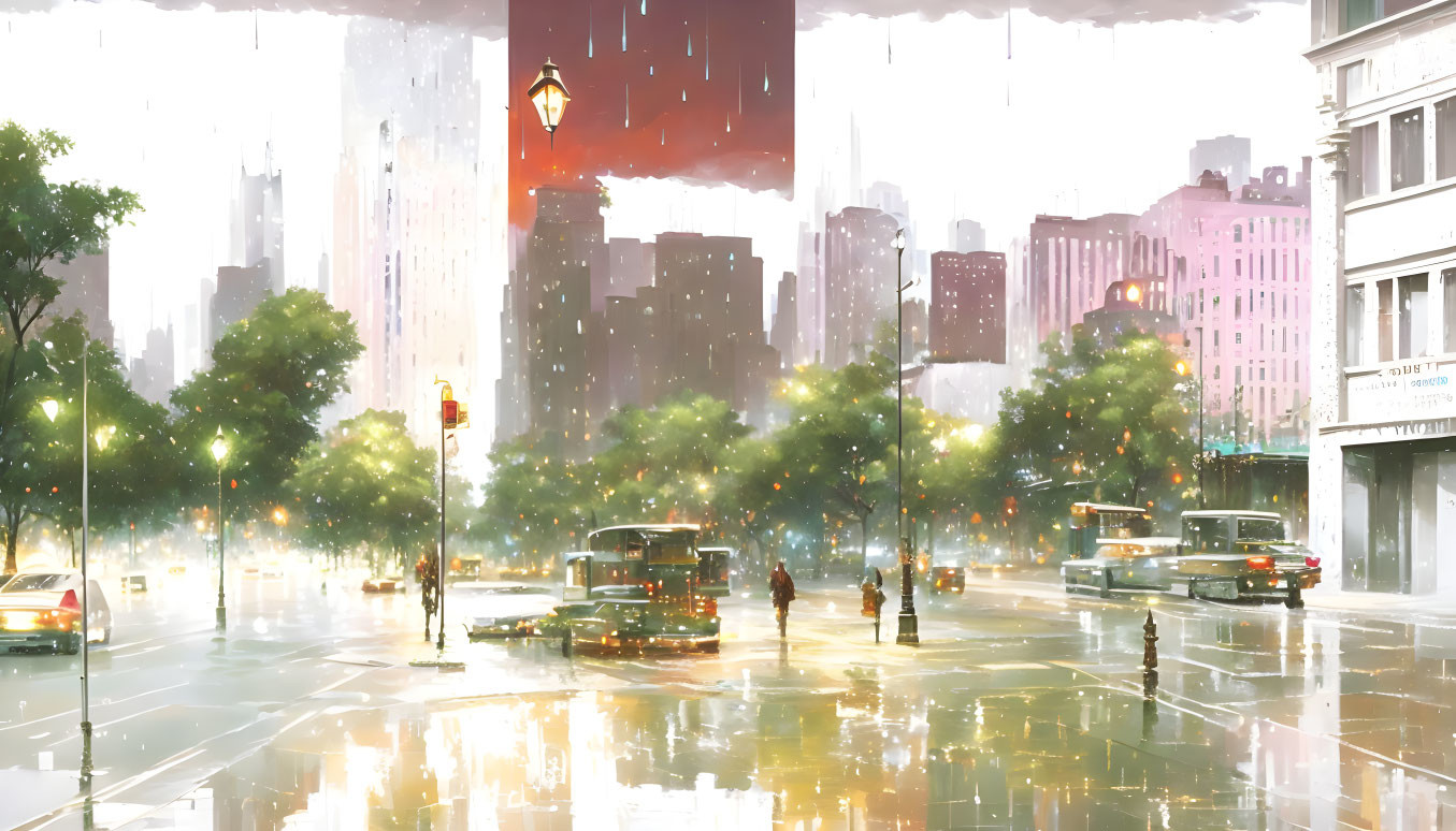 Urban cityscape in rain with wet streets, umbrellas, cars, and misty buildings