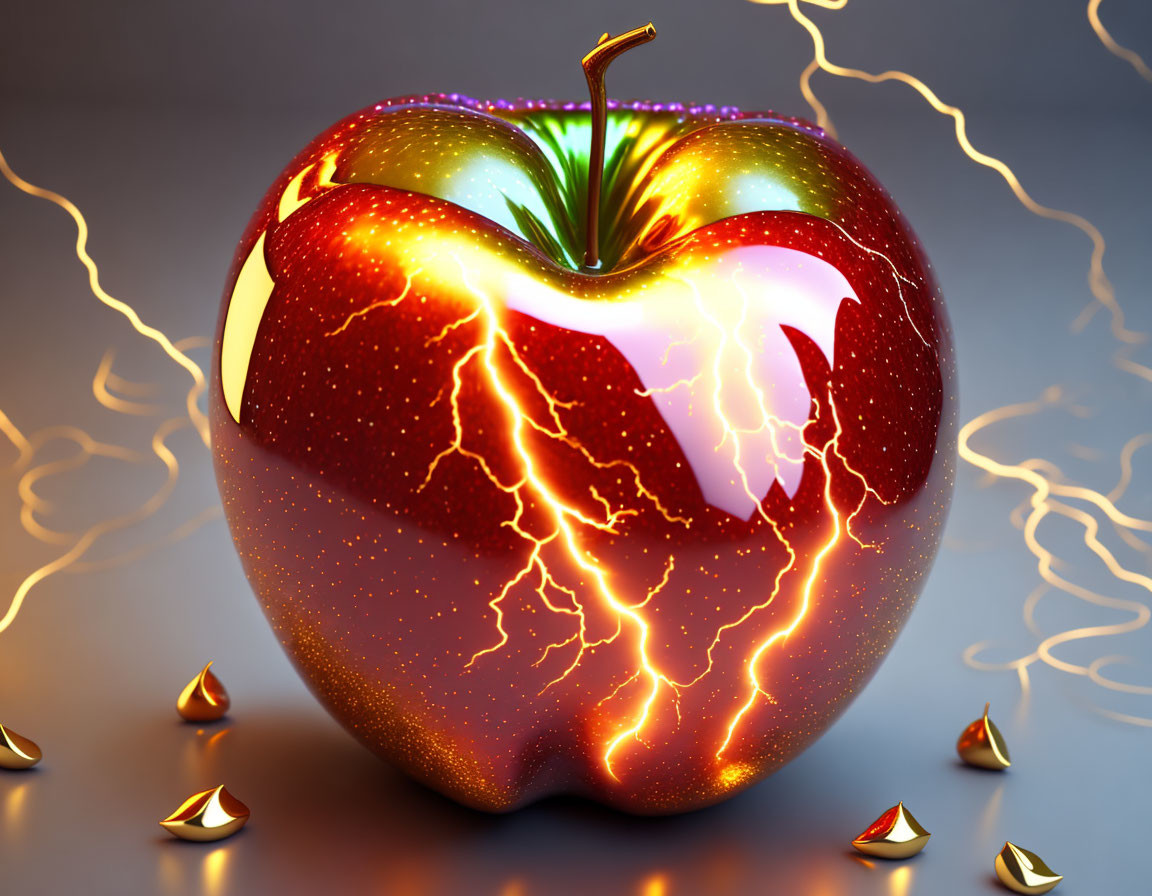 Digitally altered image of glowing apple with lightning effects on reflective surface