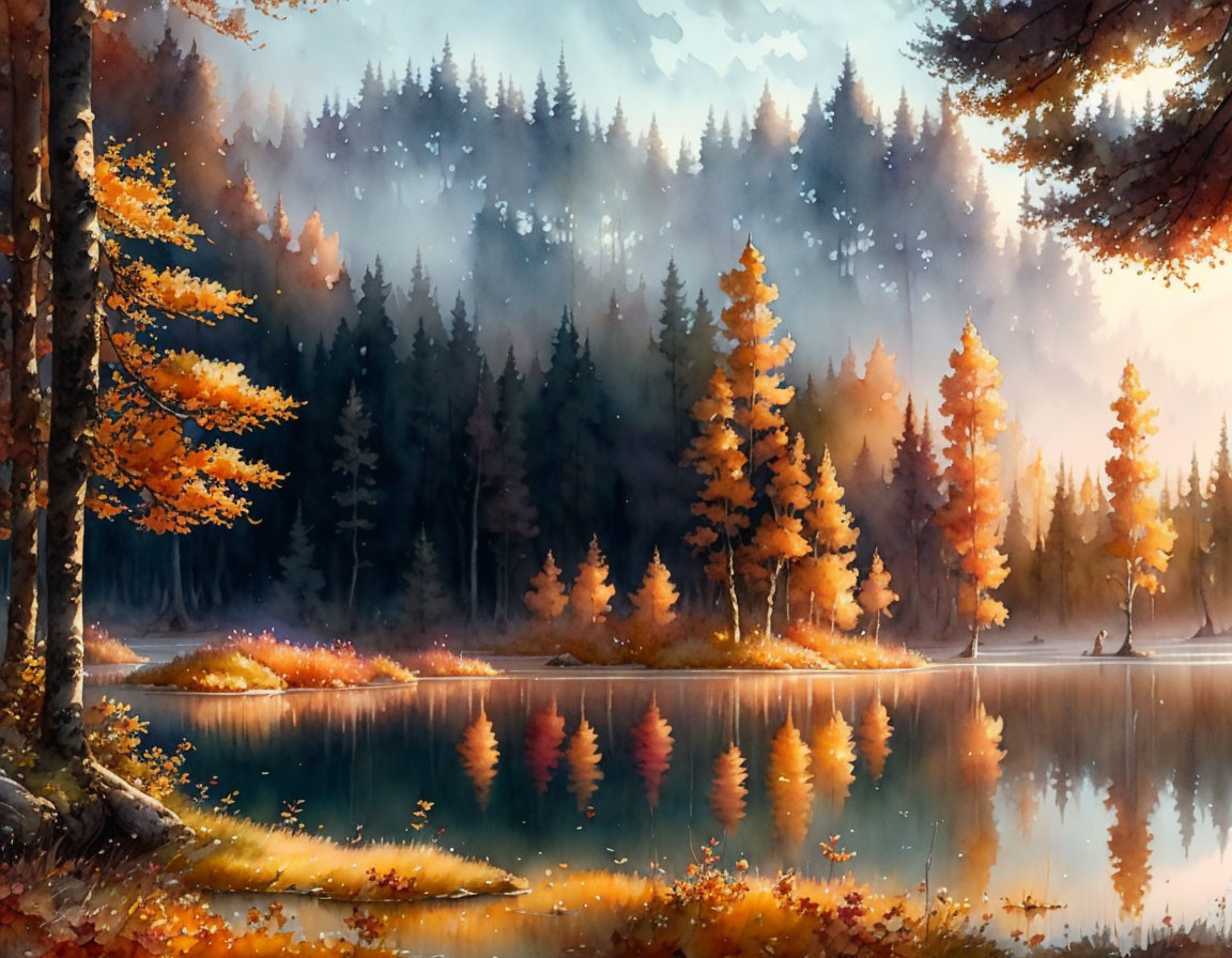 Vibrant autumn forest scene with misty lake reflection