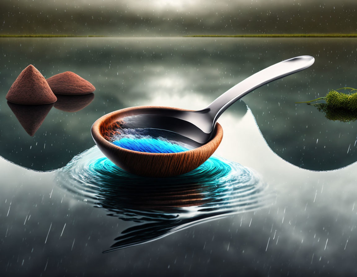 Wooden spoon holding blue water with ripples, truffle-like items, and moss in rain reflection