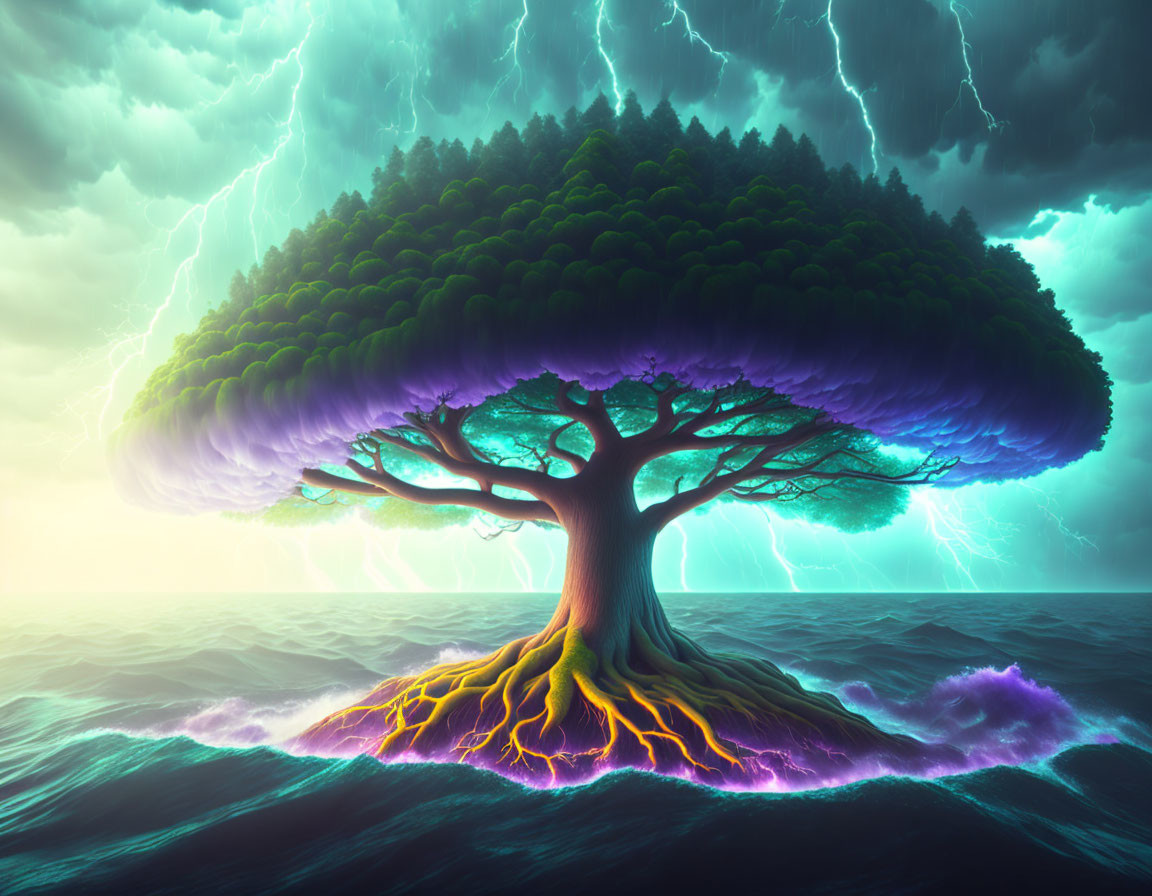 Giant tree with lush canopy floats on stormy ocean with vibrant roots in lightning-filled sky