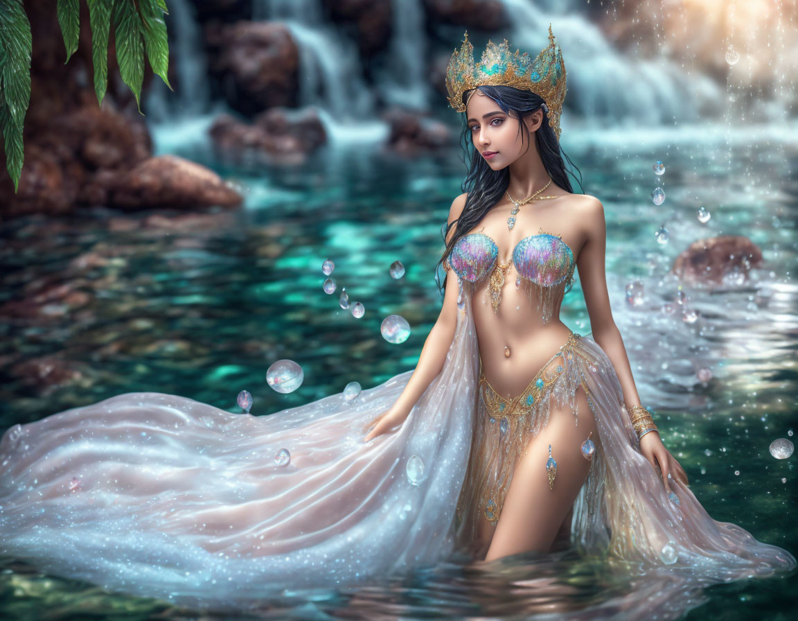 Mythical mermaid with sparkling crown in serene pool