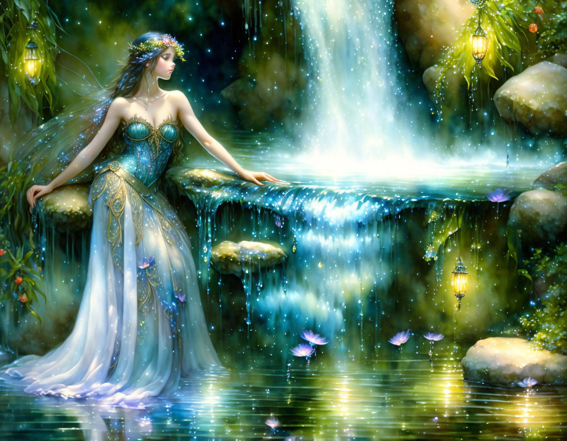 Fantastical illustration of woman with crown by lush waterfall