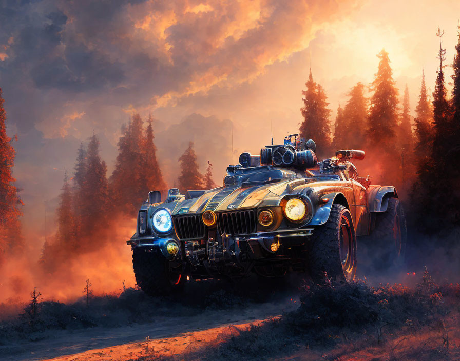 Armored vehicle with heavy weaponry in misty forest at sunrise.