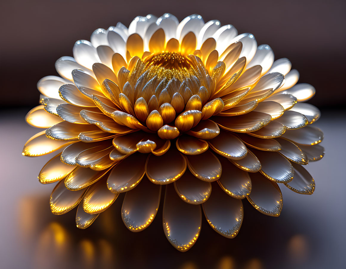 Metallic flower with golden petals and silver edges on blurred background