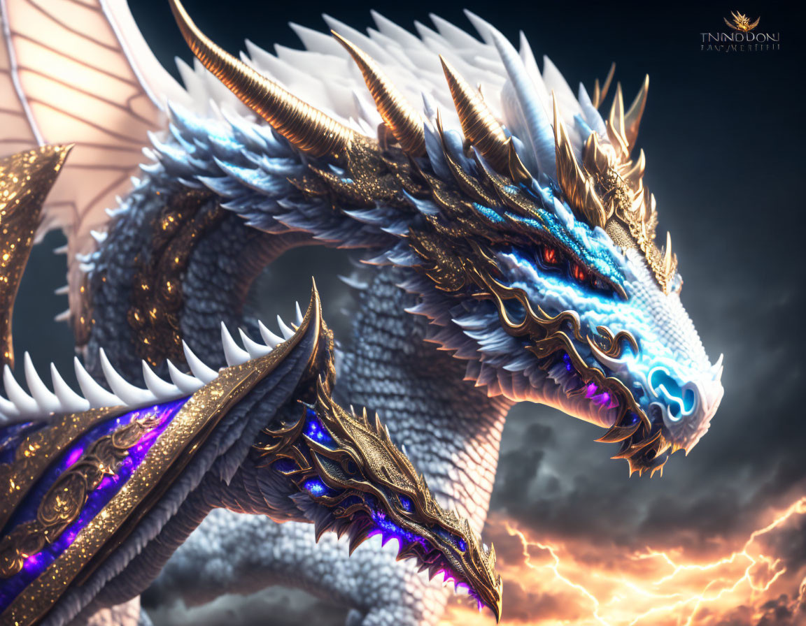 Intricate white and blue dragon with golden details and glowing eyes in stormy sky